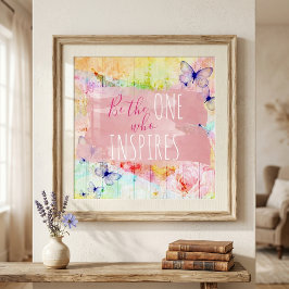 Póster Mariposas y rosas de Shabby Chic en cita de madera