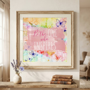 Póster Mariposas y rosas de Shabby Chic en cita de madera