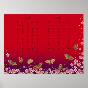 Póster Mariposas y Sakura Hiragana Katakana Japonesa