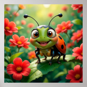 Póster Mariquita de dibujos animados adorable en una hoja