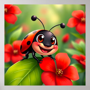 Póster Mariquita de dibujos animados sonriente sentada en