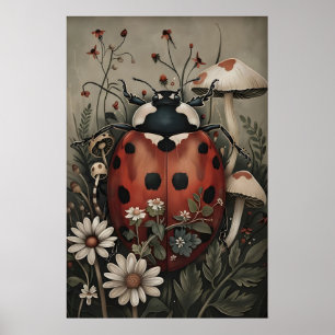Póster Mariquita en estampa de jardín de flores oscuras y