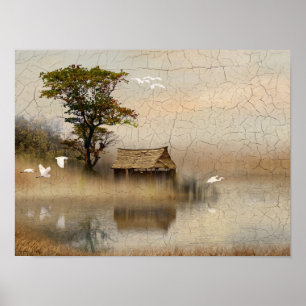 Póster Marisma brumosa con cabaña de techo de paja y garz