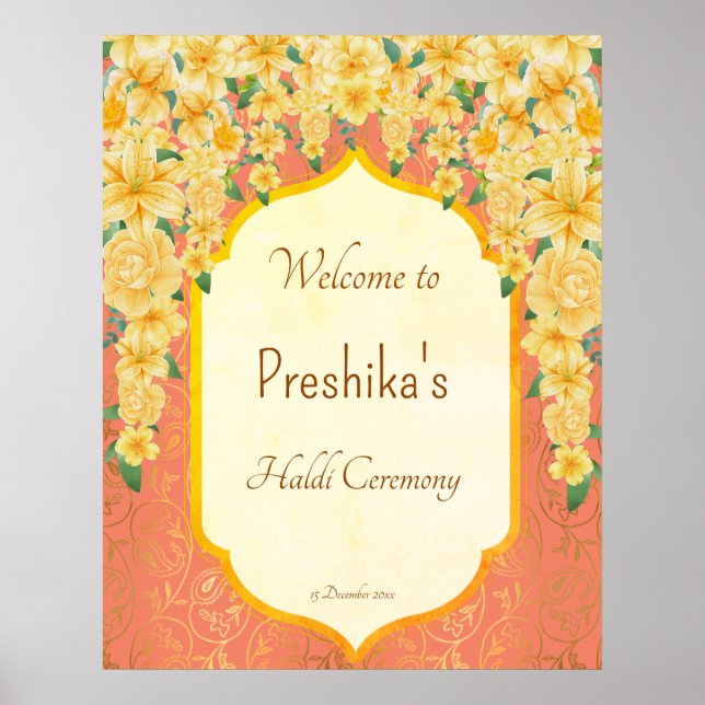 Póster Marismas florales amarillas boda india haldi welco (Frente)