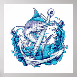 Póster Marlin azul y ancla