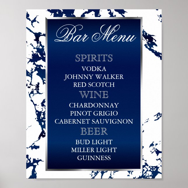 Póster Mármol Azul Marinho, Plata y Blanco - Menú de Bar (Frente)