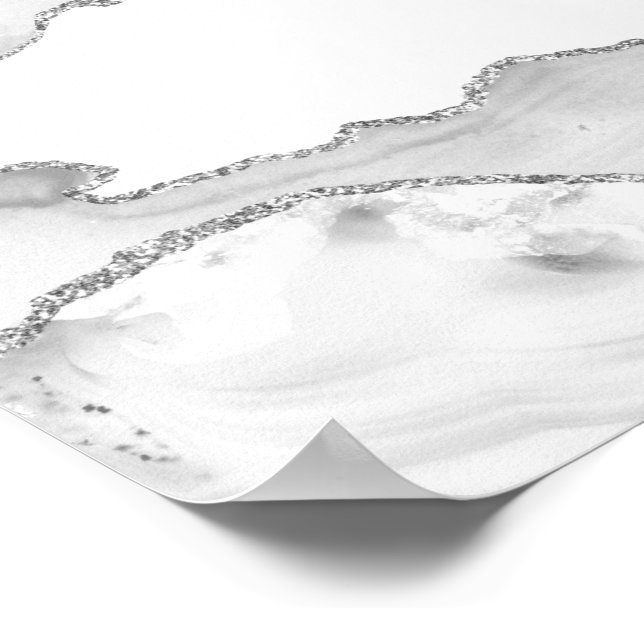 Póster Mármol Blanco Gris Ágata Simple Brillo de Plata (Esquina)