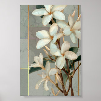 Póster Mármol de línea dorada con floral de magnolia blan
