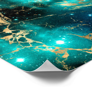 Póster Mármol Espacial Negro Verde Noche Estrellada Dorad