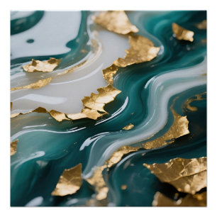 Póster Mármol Fluido de Hoja de Oro Verde Teal Lujoso 