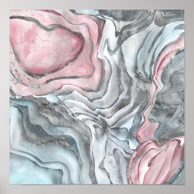 Póster mármol rosa rubor - rosas pastel y plata (Frente)