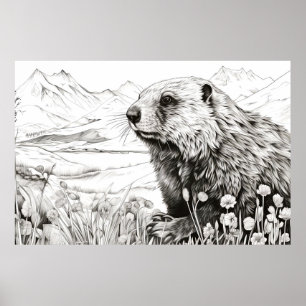 Póster Marmot Pacífica Naturaleza Prairie Esbozo Dibujo A