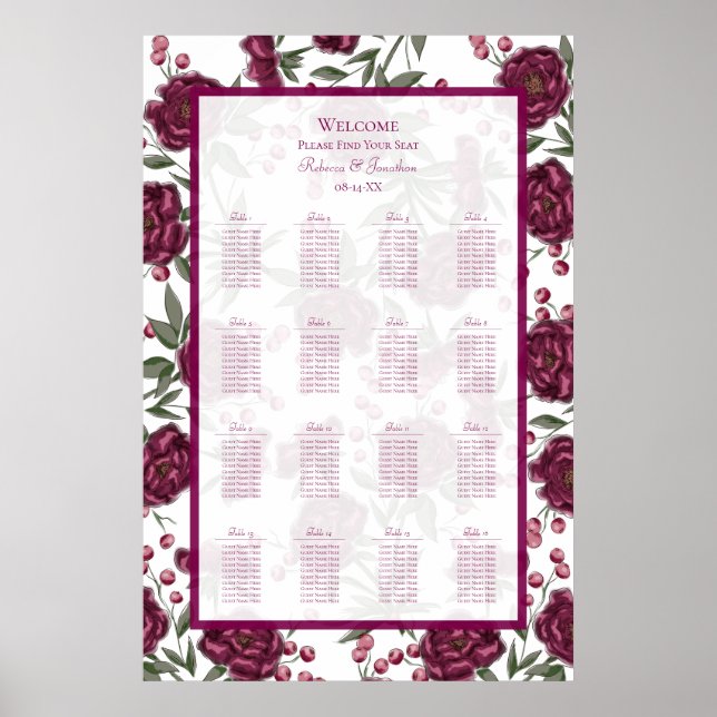 Póster Maroon Rose Wedding Seating Chart (Frente)