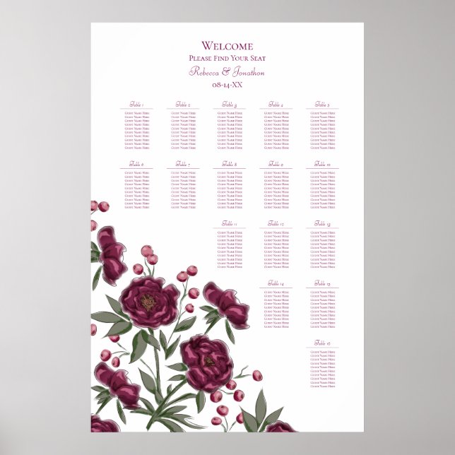 Póster Maroon Rose Wedding Seating Chart (Frente)