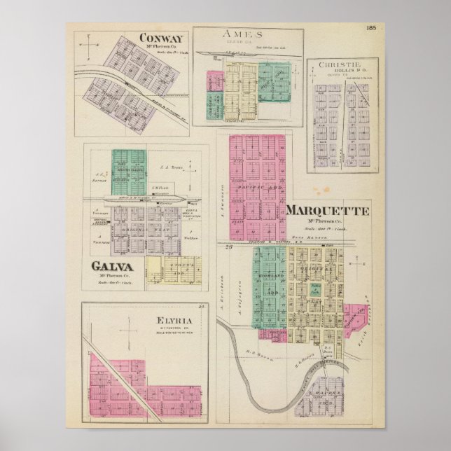 Póster Marquette, Conway, Galva, Elyria, Ames, Kansas (Frente)