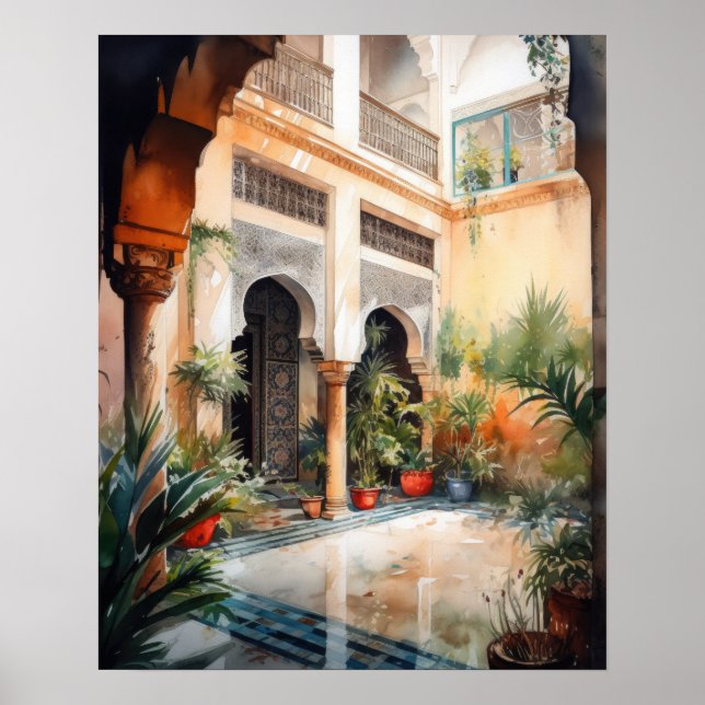 Póster Marrakech Riad Marruecos Watercolor Art Print Post (Frente)