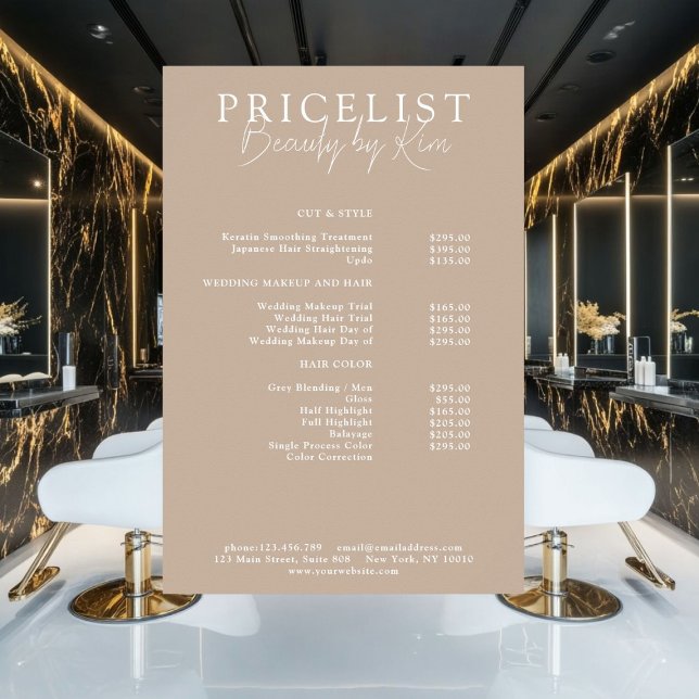 Póster Marrón, Elegante, Lista de Precios del Salón (Personalized, Brown, Elegant, Salon Price List Poster)