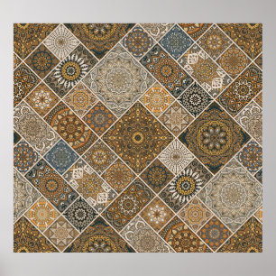 Póster Marroquí Dorado: Patrón de cosecha geométrica