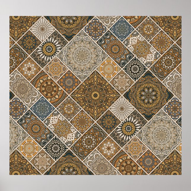 Póster Marroquí Dorado: Patrón de cosecha geométrica (Frente)