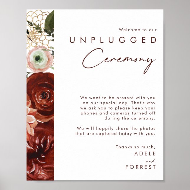 Póster Marsala Autumn Floral | Ceremonia blanca sin conex (Frente)