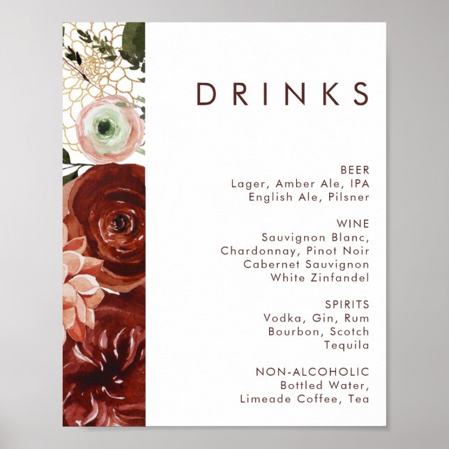 Póster Marsala Autumn Floral | Menú de bebidas Bodas blan (Frente)