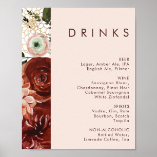 Póster Marsala Autumn Floral   Menú de bebidas Bodas de R