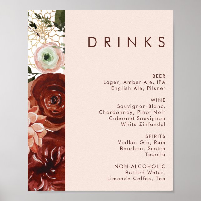 Póster Marsala Autumn Floral | Menú de bebidas Bodas de R (Frente)