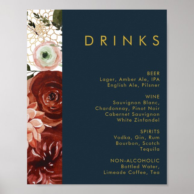 Póster Marsala Autumn Floral | Menú de bebidas de Bodas d (Frente)