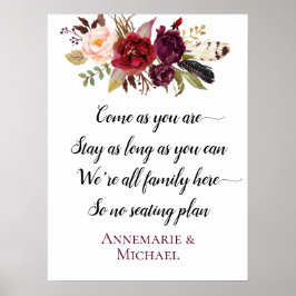 Póster Marsala Boho Floral No Seating Plan Wedding Sign