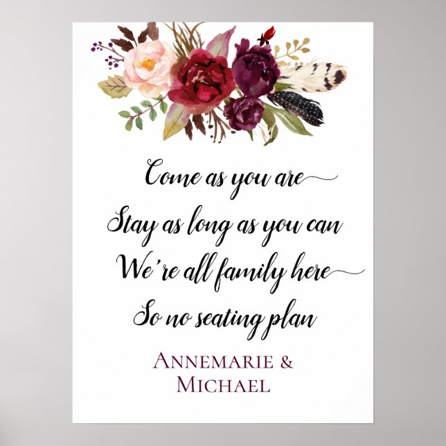 Póster Marsala Boho Floral No Seating Plan Wedding Sign (Frente)