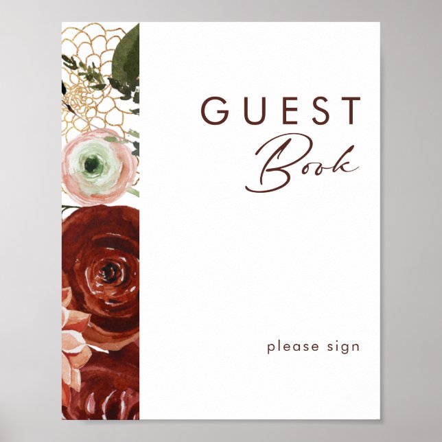 Póster Marsala Otoño Floral | Letrero de Libro de Invitad (Frente)