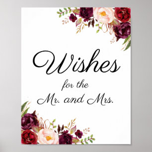 Póster Marsala y Boda floral rosada desean Poster Rótulo
