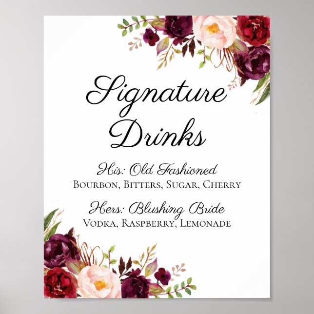 Póster Marsala y Rótulo con firma floral rosa (Frente)