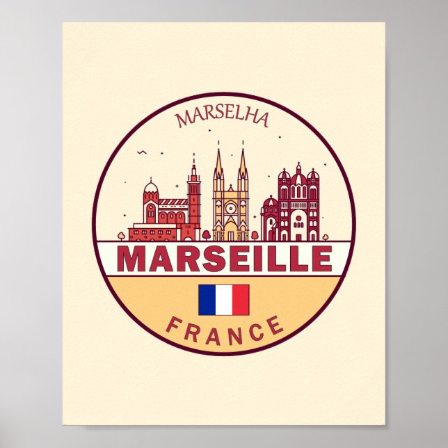 Póster Marseille France City Skyline Emblem (Frente)