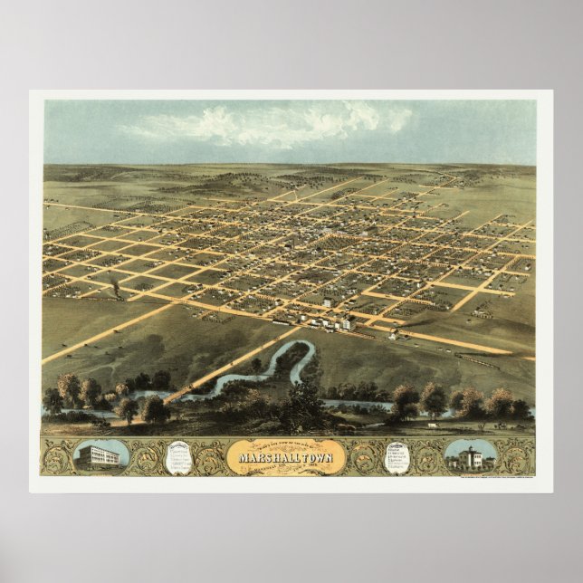 Póster Marshalltown, IA Panoramic Map - 1868 (Frente)