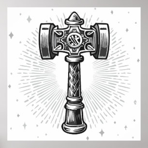 Póster Martillo de Thor Mjolnir en blanco y negro