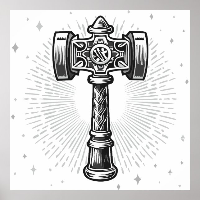 Póster Martillo de Thor Mjolnir en blanco y negro (Frente)