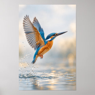 Póster Martín pescador común en vuelo sobre agua vida sil