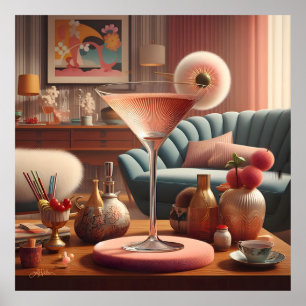 Póster Martini con flores de cerezo futurista atómico
