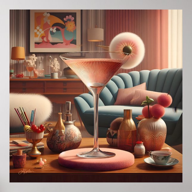 Póster Martini con flores de cerezo futurista atómico (Frente)