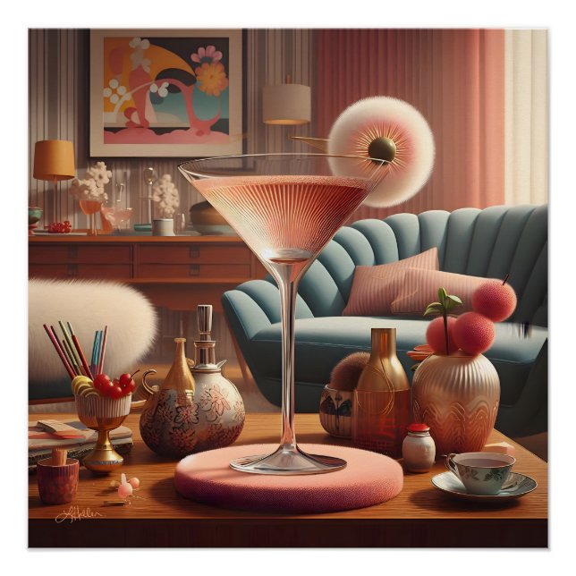 Póster Martini con flores de cerezo futurista atómico (Anverso)
