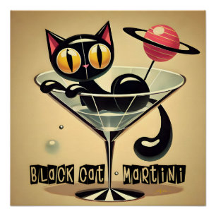 Póster Martini de gato negro de la era espacial futurista