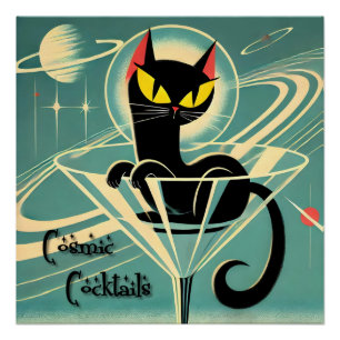 Póster Martini de gato negro de la era espacial futurista