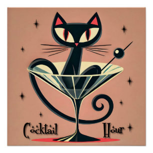 Póster Martini de gato negro de la era espacial futurista