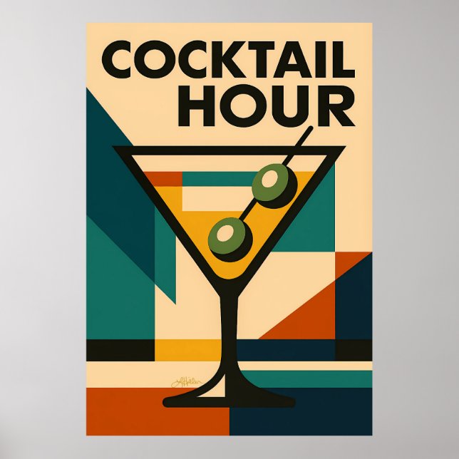 Póster Martini de hora de cóctel Bauhaus moderno de media (Frente)