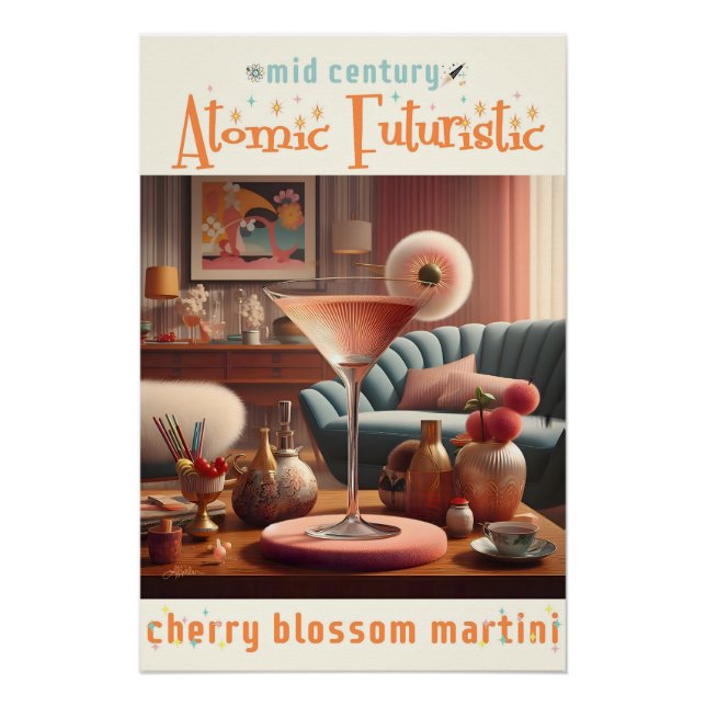 Póster Martini Futurista Atómico de Flor de Cerezo (Anverso)