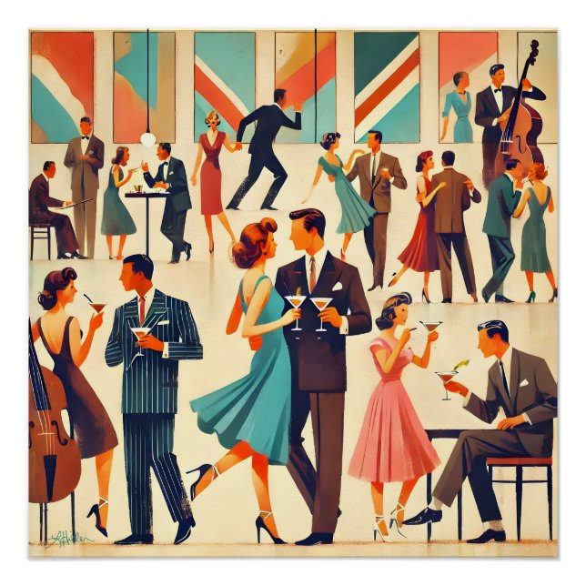 Póster Martinis Modernos De Mediados Del Siglo En El Club (Anverso)