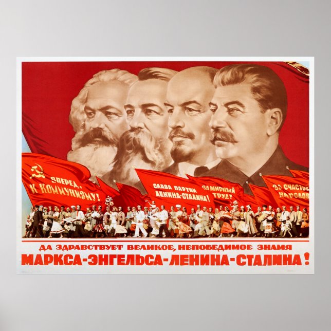 Póster Marx, Engels, Lenin y Stalin, propaganda de 1953 (Frente)