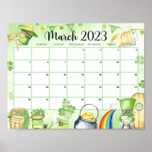 Póster Marzo de 2023 Calendario Verde Imprimible