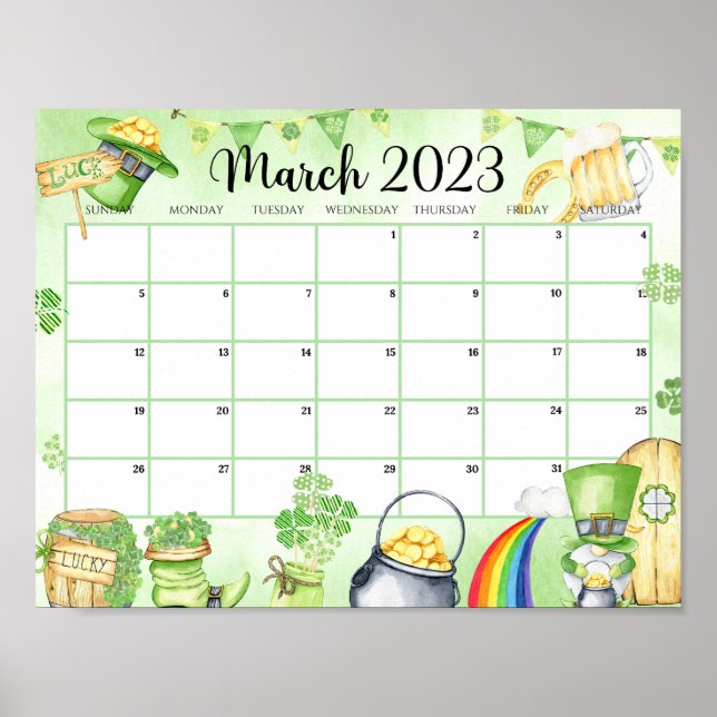 Póster Marzo de 2023 Calendario Verde Imprimible (Frente)